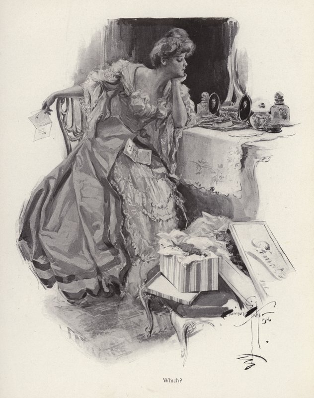 Ung kvinna som bestämmer mellan två friare (litho) av Harrison Fisher