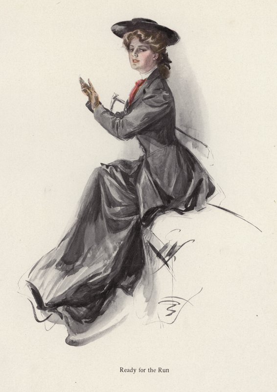 Ung kvinna gör sig redo att rida (färg litho) av Harrison Fisher