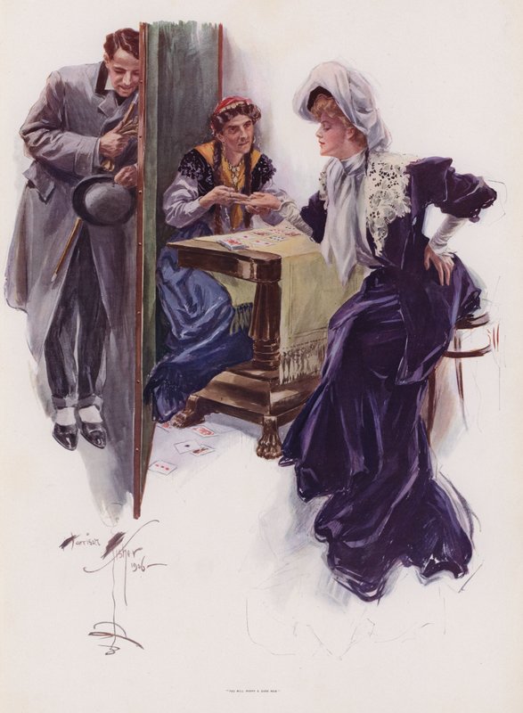 Ung kvinna får sin framtid berättad av en zigenare (färg litho) av Harrison Fisher