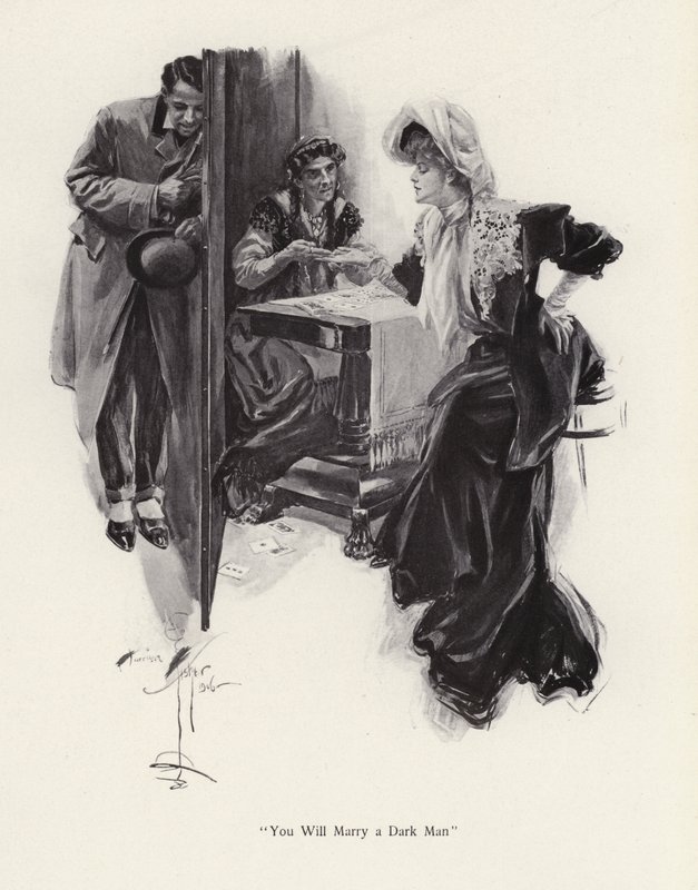 Ung kvinna får sin framtid berättad av en zigenare (litho) av Harrison Fisher