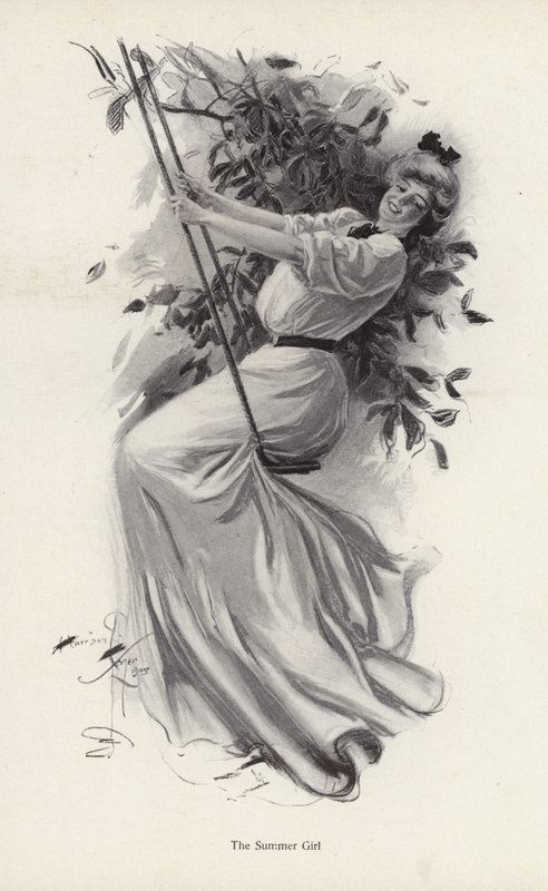 Ung kvinna på en gunga (litho) av Harrison Fisher