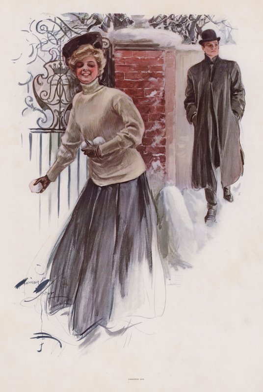 Ung kvinna som väntar på att kasta snöbollar på en man (färg litho) av Harrison Fisher