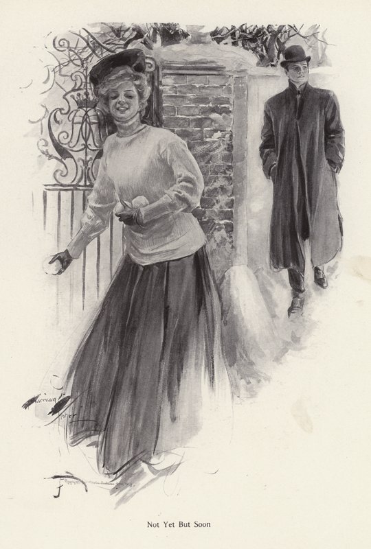 Ung kvinna som väntar på att kasta snöbollar på en man (litho) av Harrison Fisher
