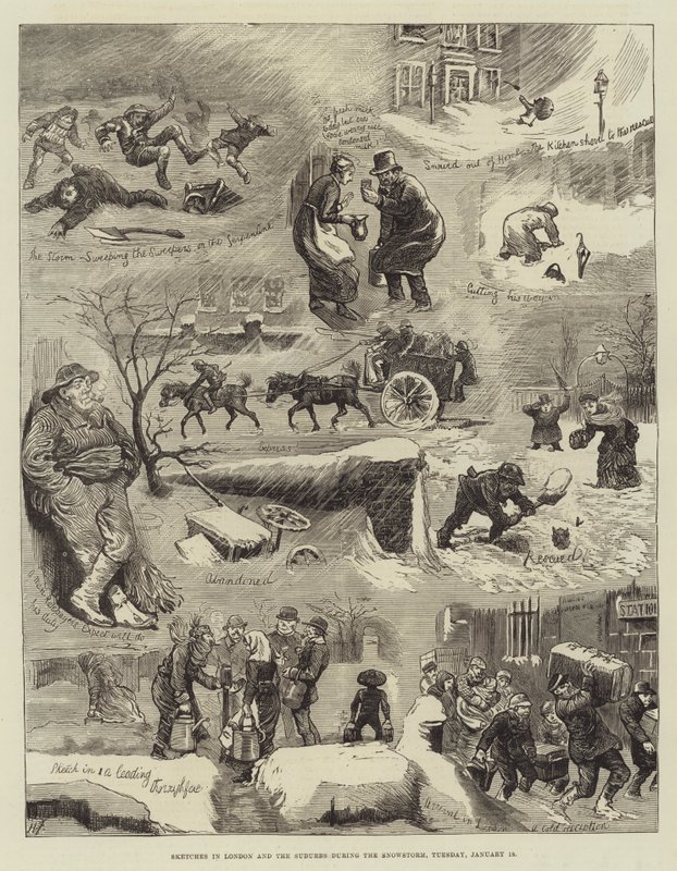 Skisser i London och förorterna under snöstormen, tisdagen den 18 januari av Harry Furniss