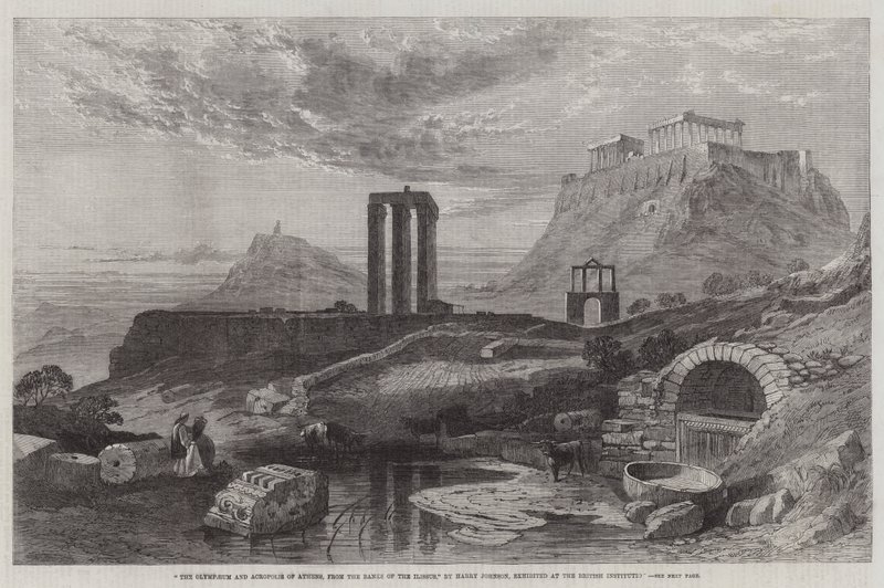 Atens Olympaeum och Akropolis, från Ilissus-stranden, ställdes ut på den brittiska institutionen av Harry John Johnson