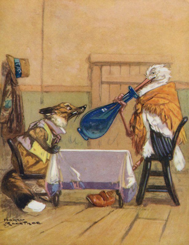 Aesops fabler: Räven och storken (färglitografi) av Harry (1878 1950) Rountree