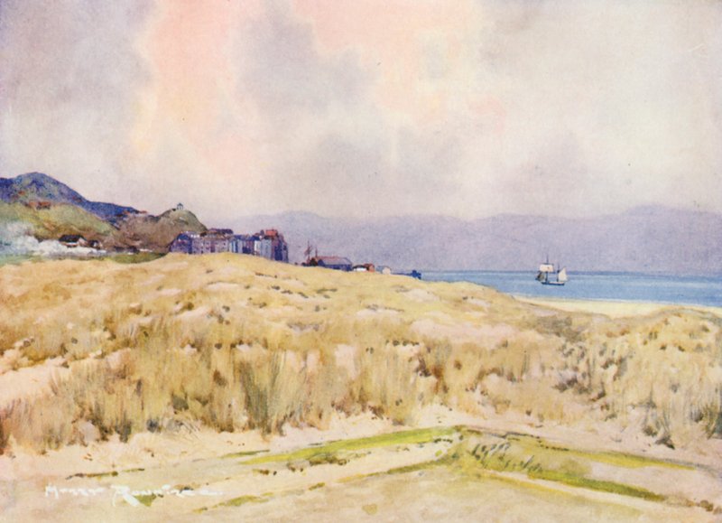 Golfbanor: Aberdovey, byn från andra tee (färglitografi) av Harry (1878 1950) Rountree