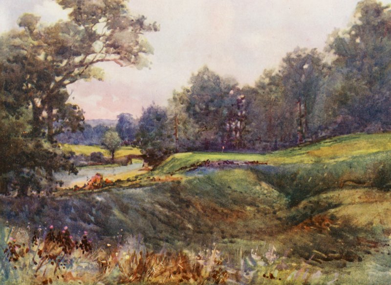 Golfbanor: Cassiobury Park, det nya adertonde hålet (färglitografi) av Harry (1878 1950) Rountree