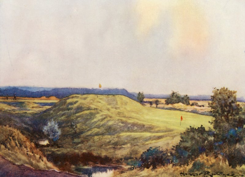 Golfbanor: Frilford Heath, närmar sig den nionde greenen (färglitografi) av Harry (1878 1950) Rountree