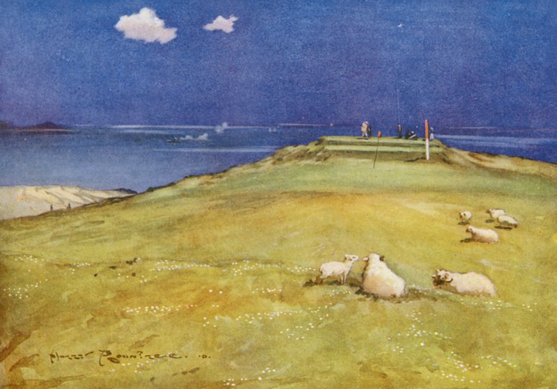 Golfbanor: Gullane, sjätte greenen och sjunde tee (färglitografi) av Harry (1878 1950) Rountree
