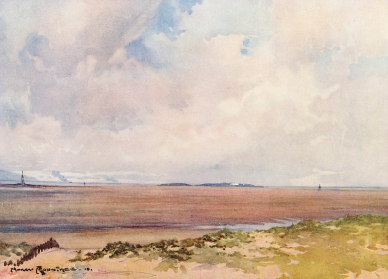 Golfbanor: Hoy lake, med utsikt mot Hilbre från nionde tee (färglitografi) av Harry (1878-1950) Rountree