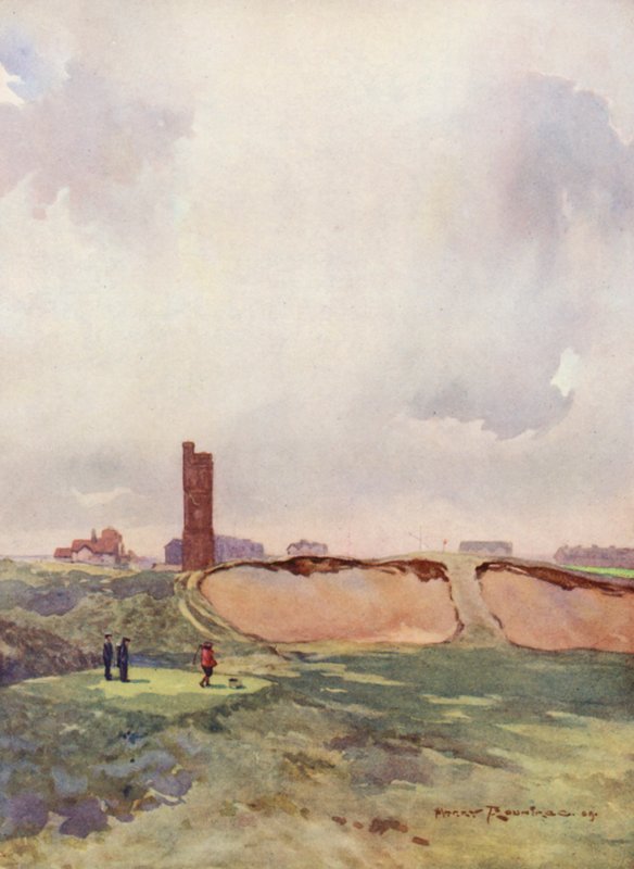 Golfbanor: Littlestone carry från sjuttonde tee (färglitografi) av Harry (1878 1950) Rountree