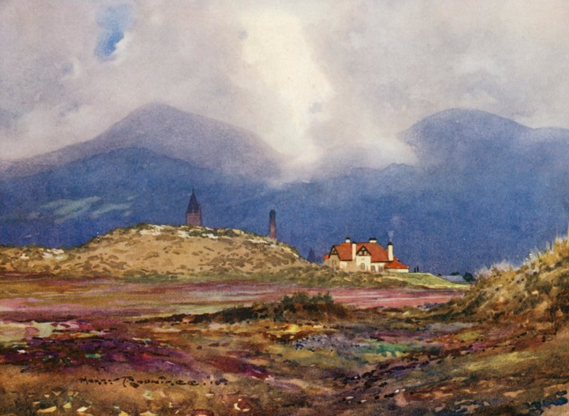 Golfbanor: Newcastle, nionde carry och klubbhuset (färglitografi) av Harry (1878 1950) Rountree