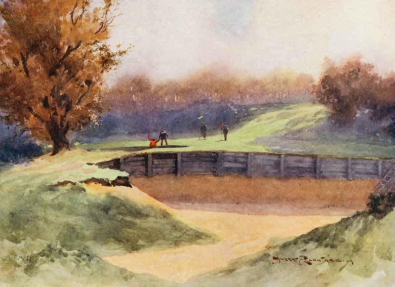 Golfbanor: Northwood, "Death or Glory", det åttonde hålet (färglitografi) av Harry (1878 1950) Rountree
