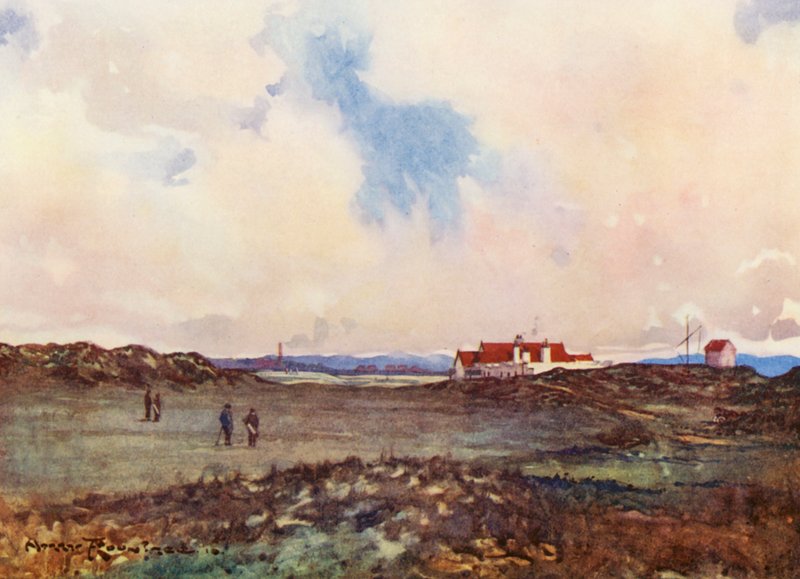 Golfbanor: Portmarnock, det andra slaget på det artonde hålet (färglitografi) av Harry (1878 1950) Rountree