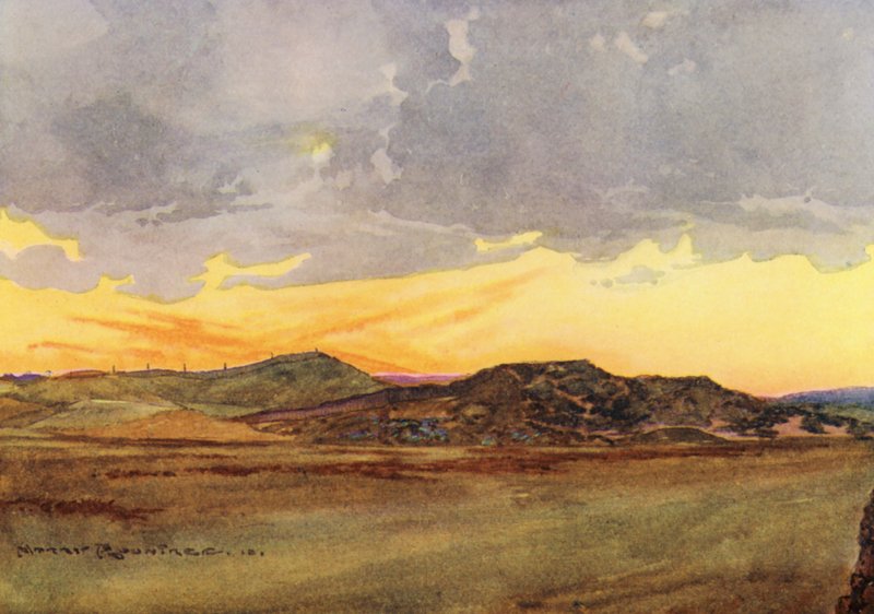 Golfbanor: Prestwick, med utsikt över "Alperna" (färglitografi) av Harry (1878 1950) Rountree