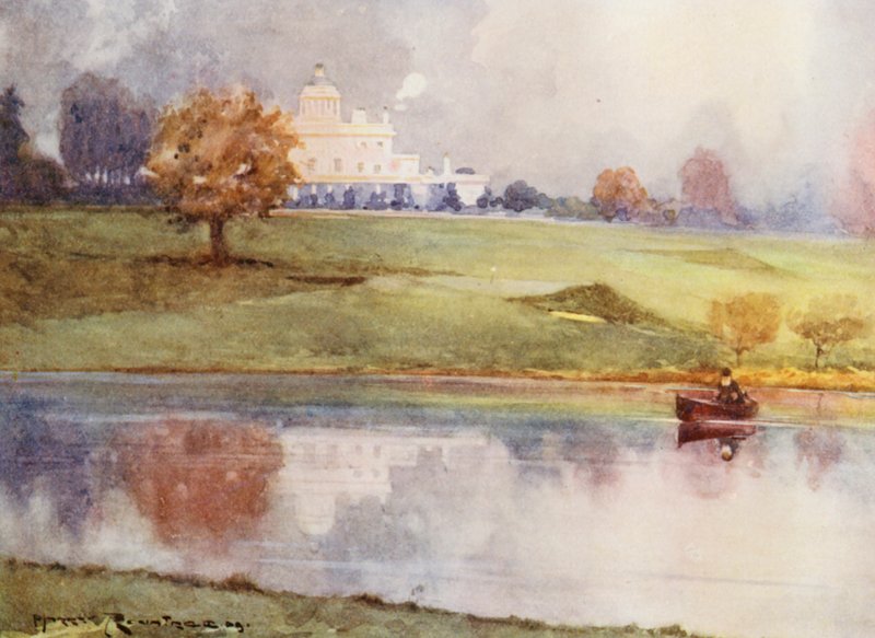 Golfbanor: Stoke pages, det sextonde hålet (färglitografi) av Harry (1878 1950) Rountree