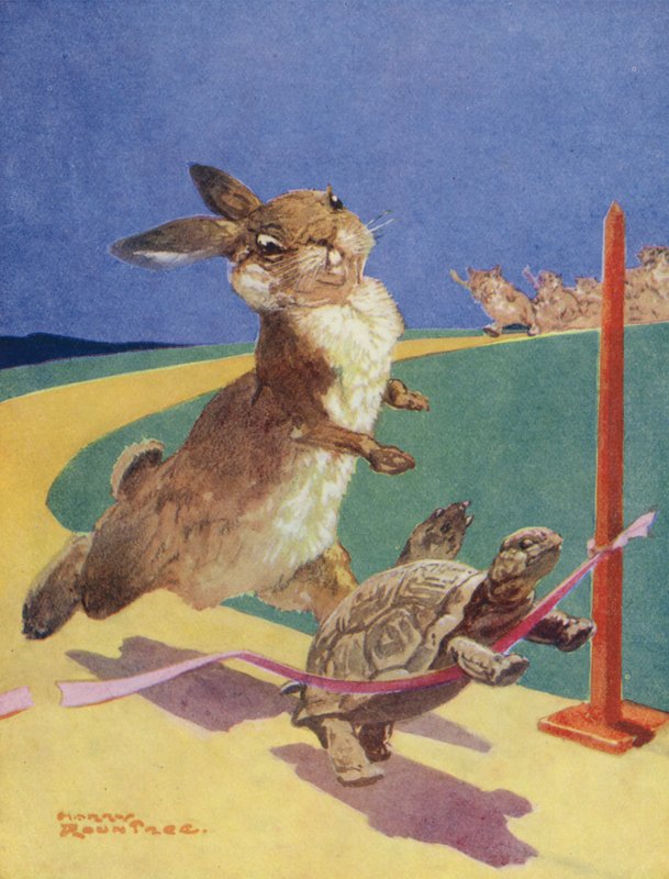 Aesops fabler: Haren och sköldpaddan (färglitografi) av Harry (1878 1950) Rountree