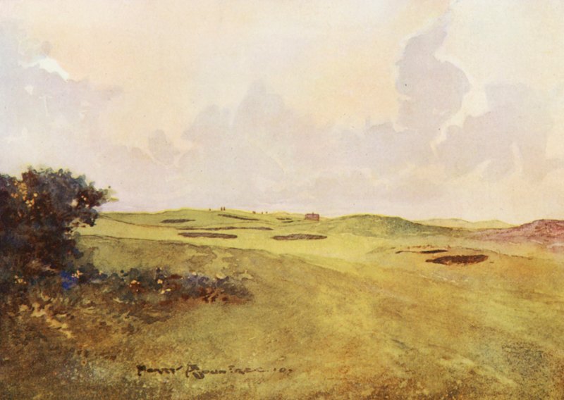 Golfbanor: Andrews, tillbakablick från tolfte greenen (färglitografi) av Harry (1878 1950) Rountree