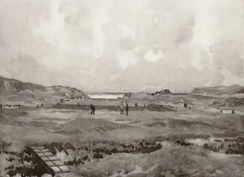 Golfbanor: Bude, hålet "Nursery Maid" (litografi) av Harry (1878 1950) Rountree