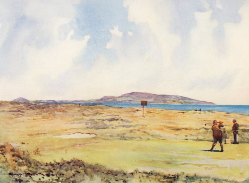 Golfbanor: Dollymount, första utslagsplatsen, med utsikt mot Howth (färglitografi) av Harry (1878 1950) Rountree