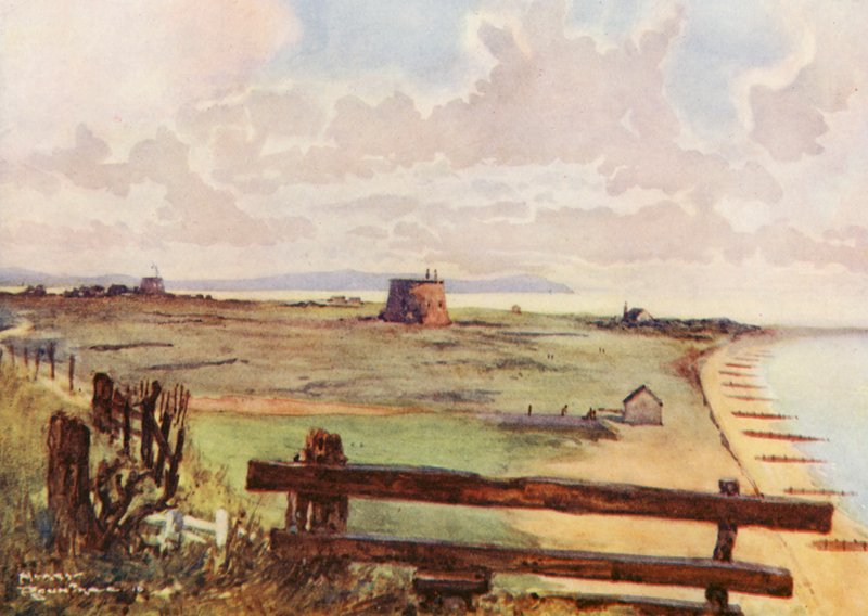 Golfbanor: Felixtowe, allmän vy över banan (färglitografi) av Harry (1878 1950) Rountree