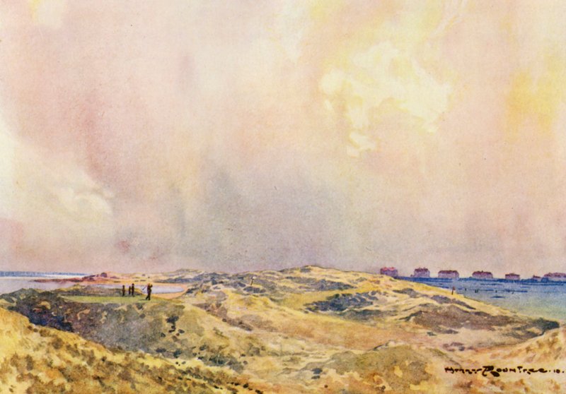 Golfbanor: Hoy lake, tolfte tee (färglitografi) av Harry (1878 1950) Rountree