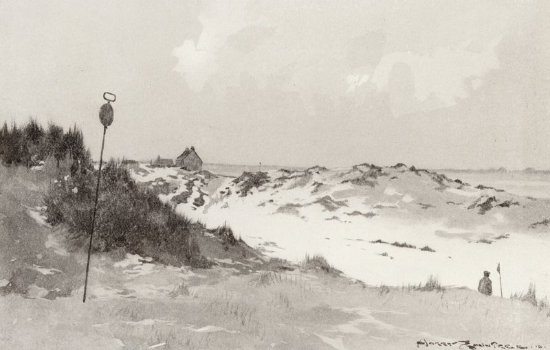Golfbanor: Hunstanton, under snö (litografi) av Harry (1878 1950) Rountree
