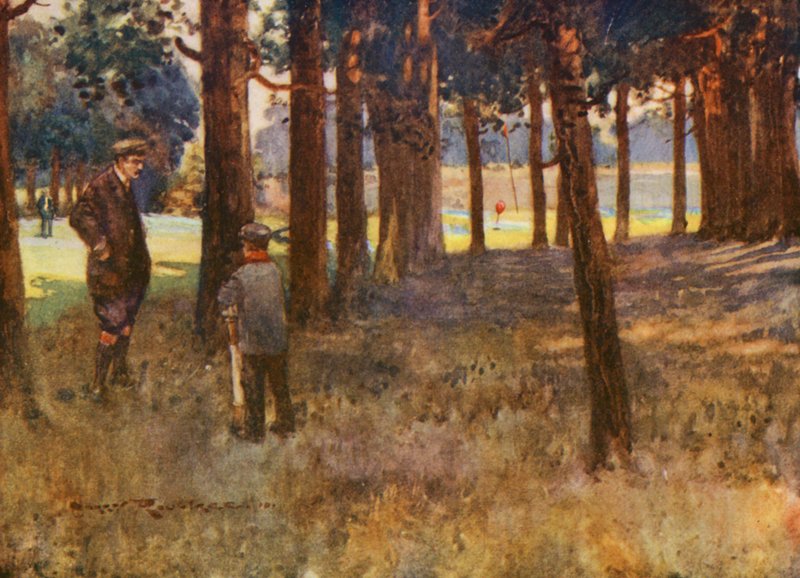 Golfbanor: Mildenhall, resultatet av en dålig slice på sjätte slaget (färglitografi) av Harry (1878 1950) Rountree