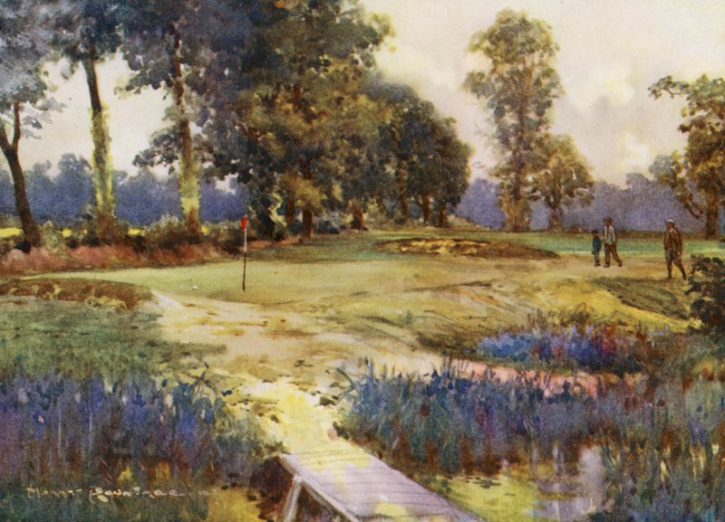 Golfbanor: Romford, den sjätte greenen (färglitografi) av Harry (1878 1950) Rountree