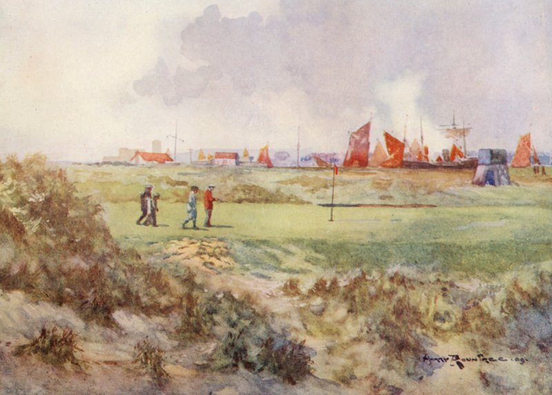 Golfbanor: Rye, den femtonde greenen (färglitografi) av Harry (1878 1950) Rountree
