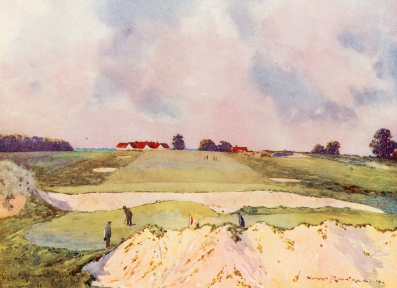Golfbanor: Sandy Lodge, den första greenen, med utsikt mot klubbhuset (färglitografi) av Harry (1878 1950) Rountree