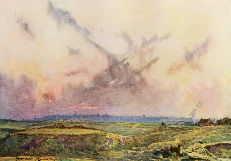 Golfbanor: St Andrews, staden i fjärran (färglitografi) av Harry (1878 1950) Rountree