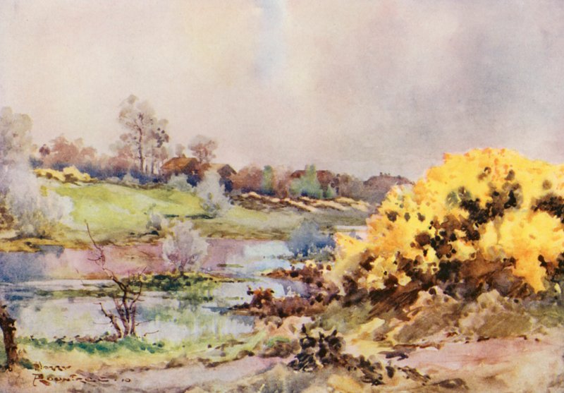 Golfbanor: Arbetar, ser tillbaka på sextonde green (färglitografi) av Harry (1878 1950) Rountree