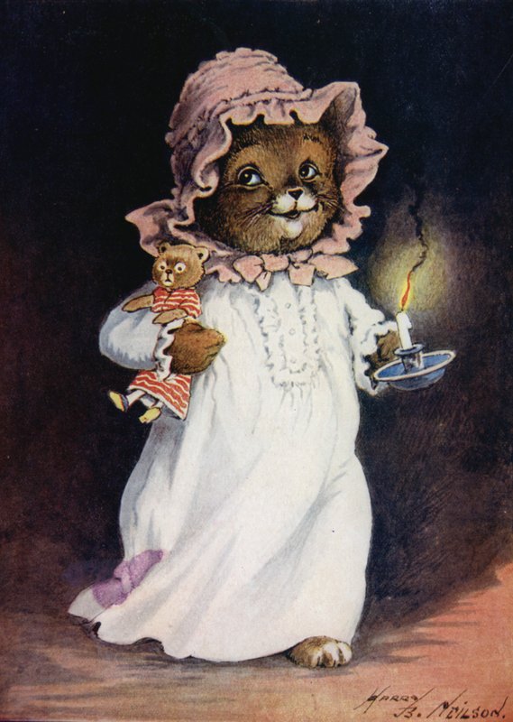 Katt i nattlinne, bär ett ljus och nallekatt, går och lägger sig av Harry B Neilson