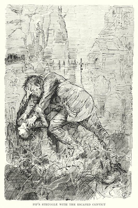 Illustration för stora förväntningar av Charles Dickens (litho) av Harry Furniss