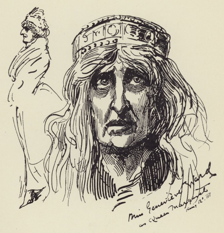 Miss Genevieve Ward som drottning Margaret av Harry Furniss