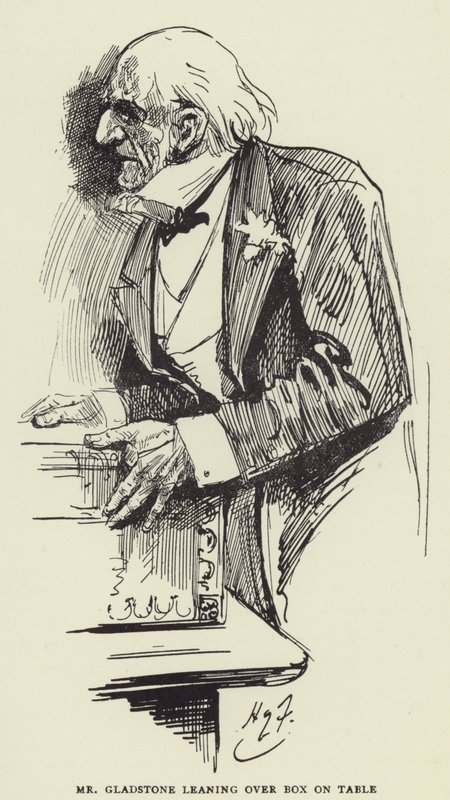 Mr Gladstone lutad över låda på bordet av Harry Furniss