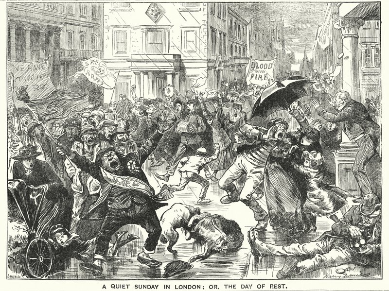 Punch tecknad: A Quiet Sunday in London; eller vilodagen (gravyr) av Harry Furniss
