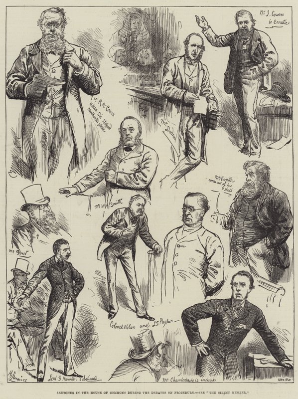 Skisser i underhuset under debatterna om procedur av Harry Furniss