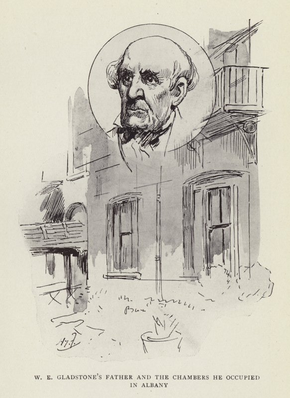 W E Gladstones far och kamrarna han ockuperade i Albany av Harry Furniss