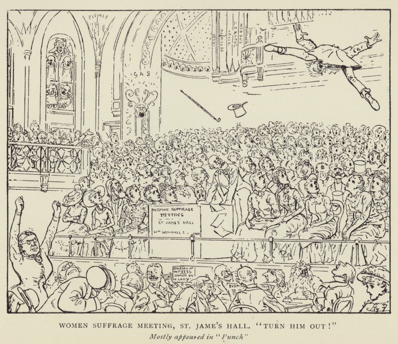 Kvinnors rösträttsmöte, St James Hall, Stäng ut honom! av Harry Furniss
