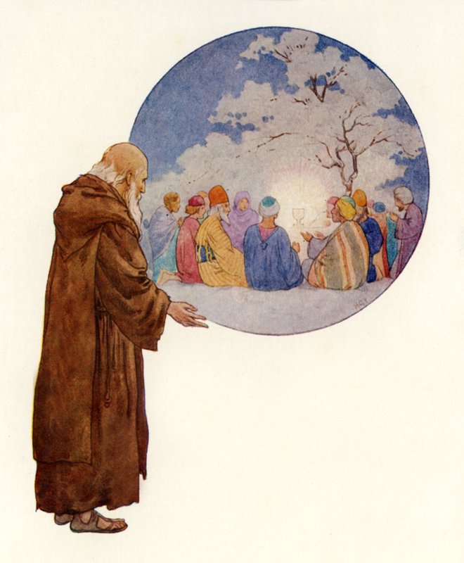 En druid ser Josef och hans följeslagare vid den första banketten i Storbritannien (färglitografi) av Harry George Theaker