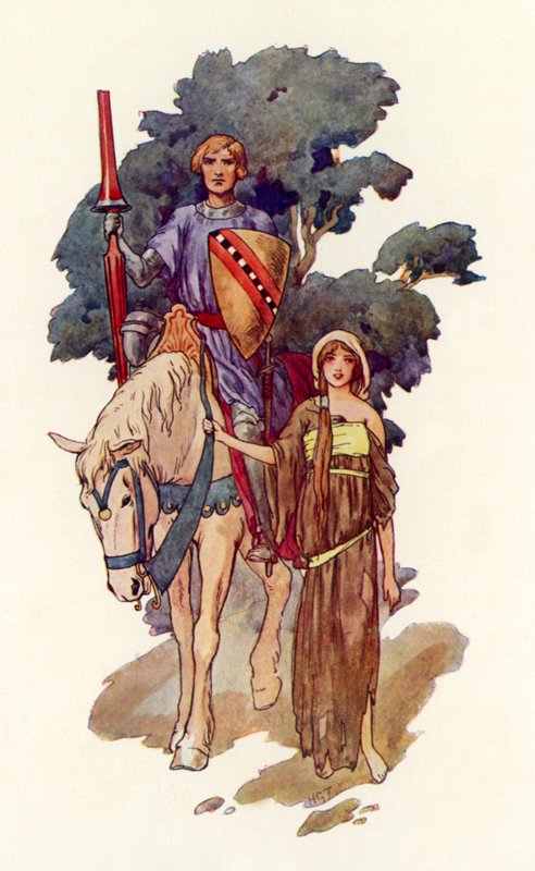 En riddare med en jungfru i trasor vid sin sida (färglitografi) av Harry George Theaker