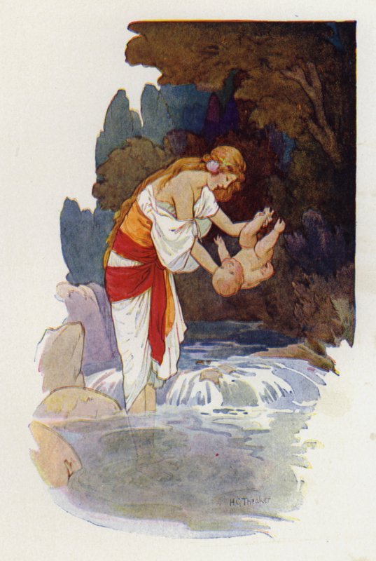 Akilles när Thetis doppade barnet, hon höll honom i ena hälen (färglitografi) av Harry George Theaker