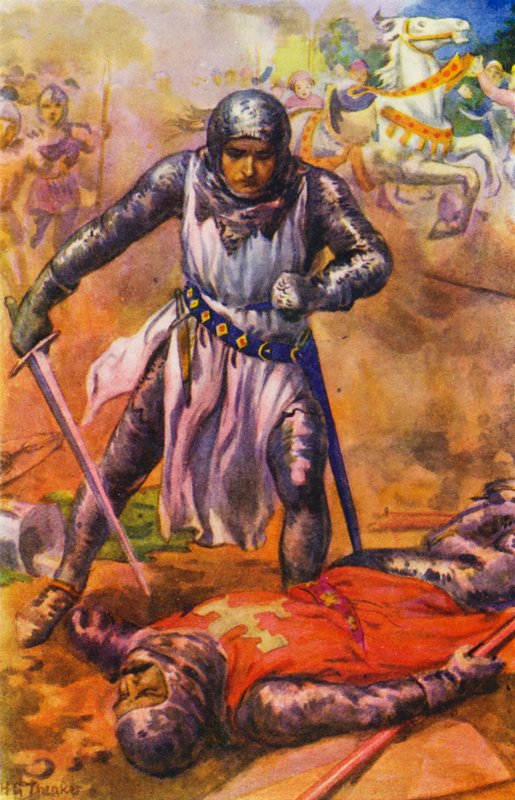 "Efter en hård kamp besegrades tempelriddarna" (färglitografi) av Harry George Theaker