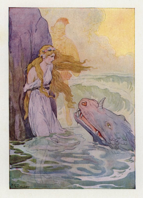 Andromeda och monstret (färglitografi) av Harry George Theaker