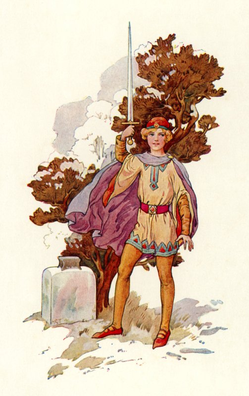 Arthur med Escalibur (färglitografi) av Harry George Theaker