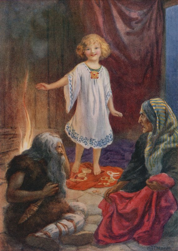 Aslaug, Aki och Grima, ur "Ragnar Lodbrog" (färglitografi) av Harry George Theaker
