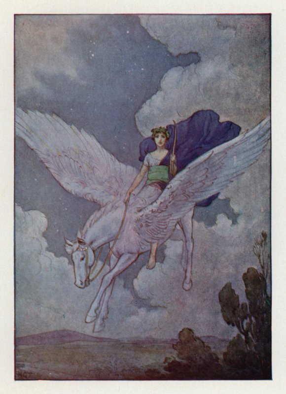 Bellerophon och hans silvervingade häst (färglitografi) av Harry George Theaker
